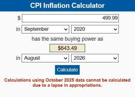 CPI inflation calculator showing the loss in USD purchasing power between 2020 and 2026.
